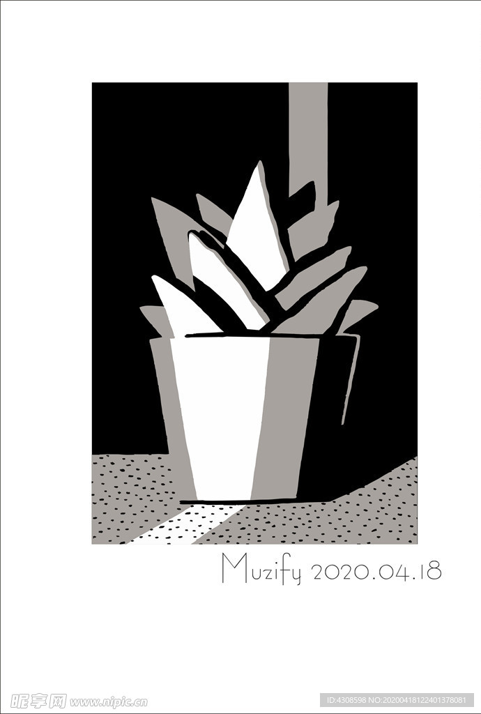 植物盆栽 黑白插画