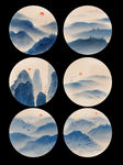 圆形青色山水水墨