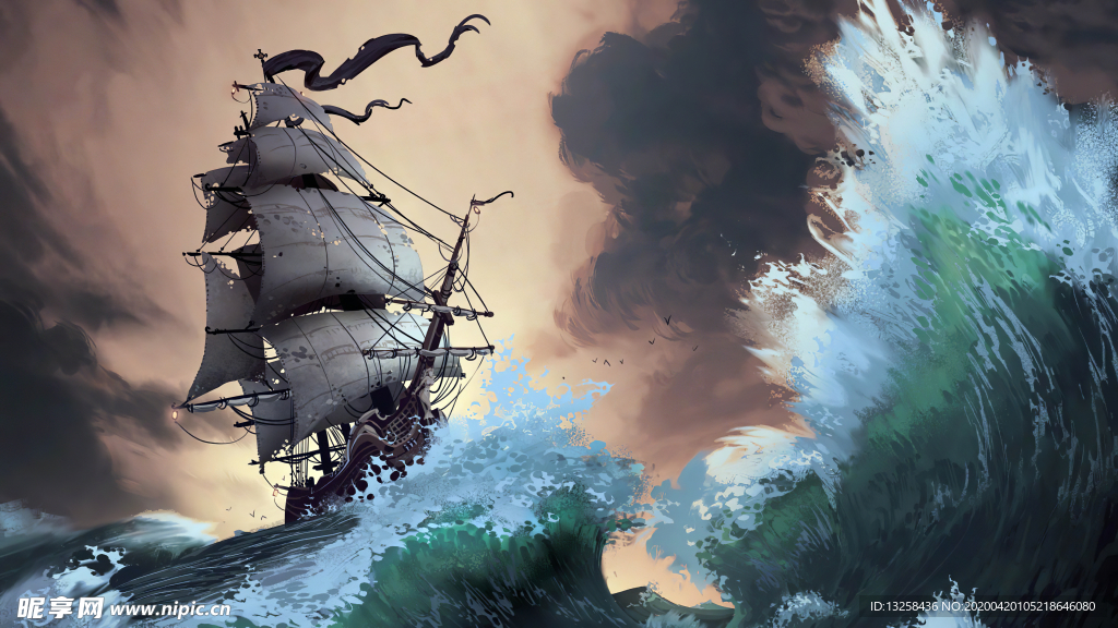 彩色帆船大海插画背景