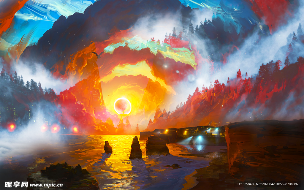 彩色动漫风景插画背景