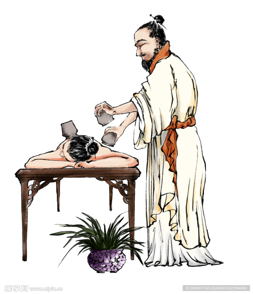 古代中医人物针灸拔罐手绘插画
