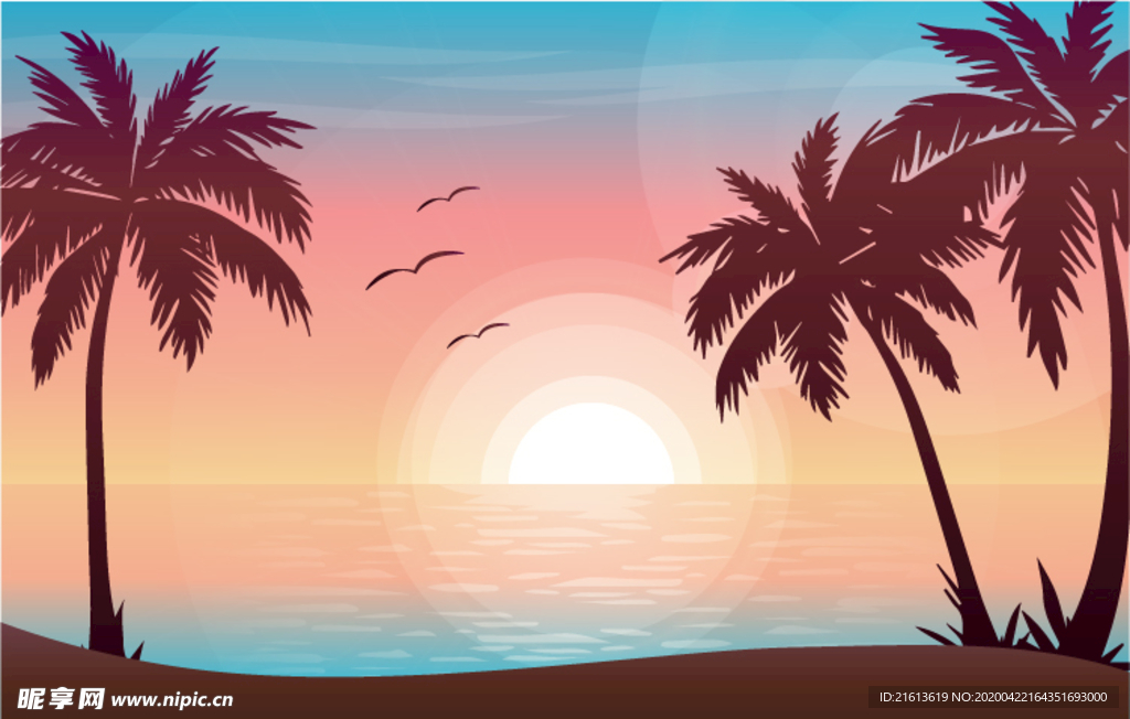 椰子树 日落 日出 海鸥
