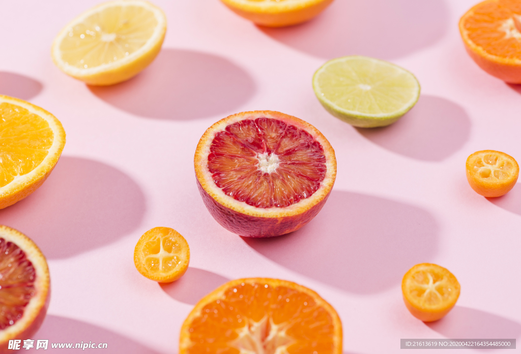 粉红色橙子西柚柑橘柠檬平铺图