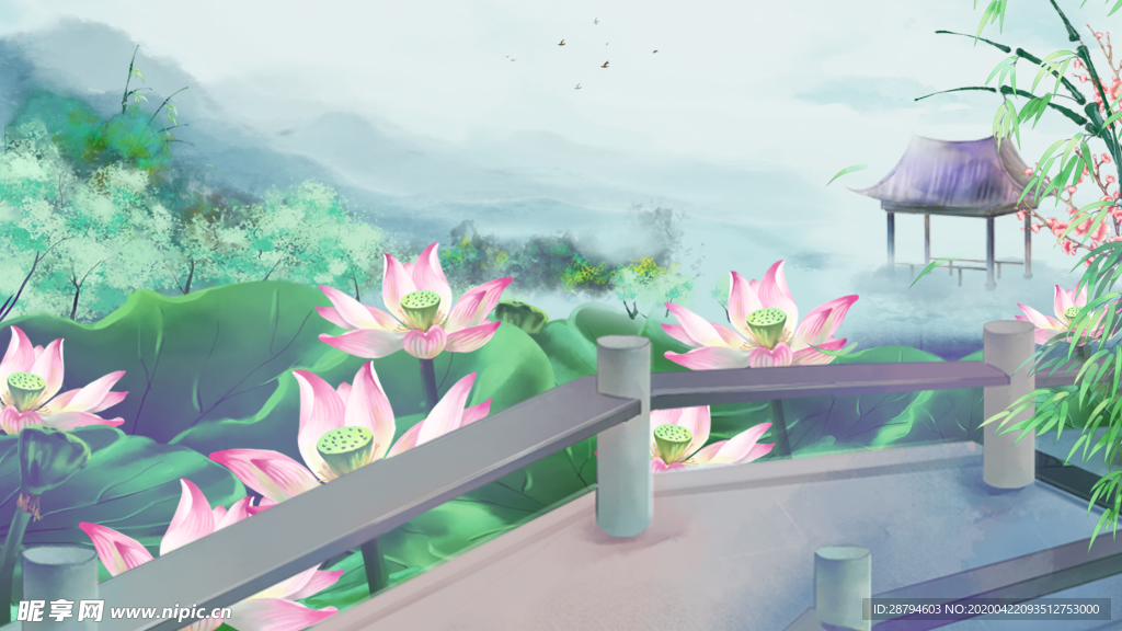 手绘桥边背景