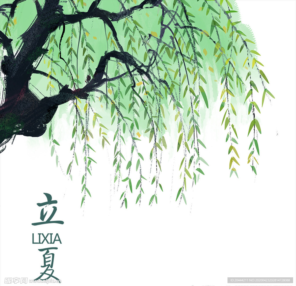 立夏杨柳树荫绘画水墨