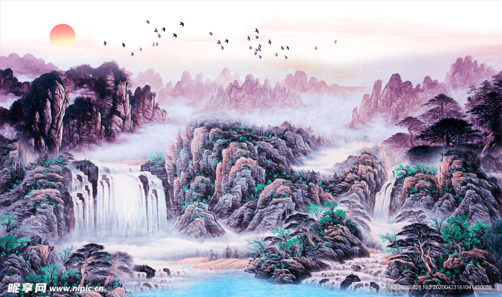 新中式意境国画山水风景电视背景