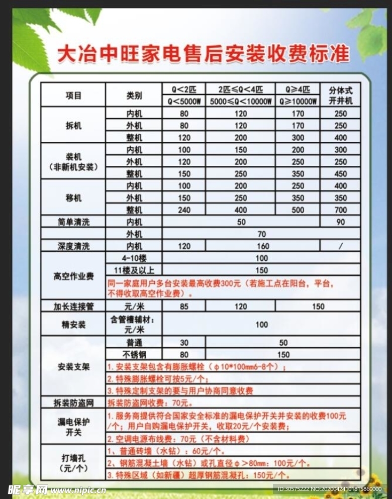 安装收费标准