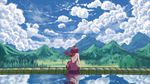 蓝色天空山水女生插画背景