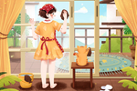 五一劳动节女孩与猫打扫擦落地窗
