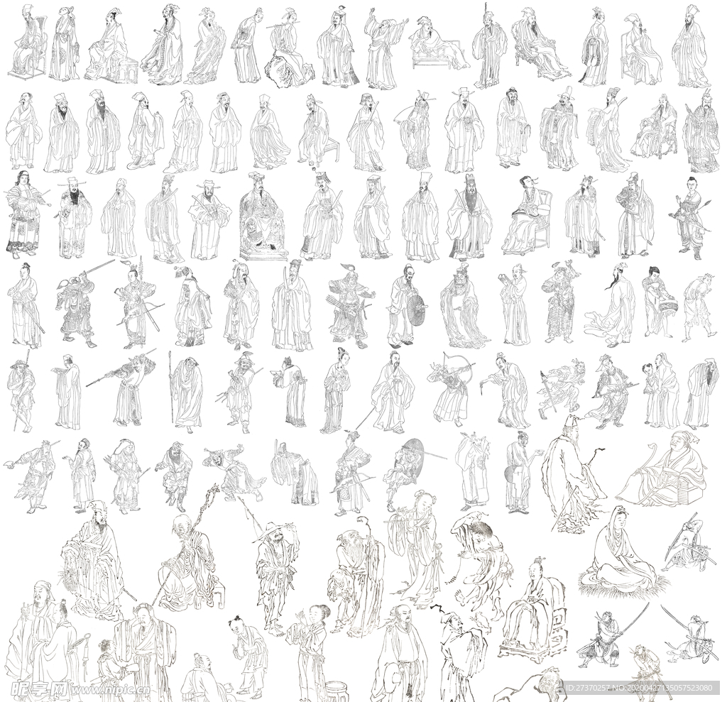 中国古代百个人物白描免扣素材图