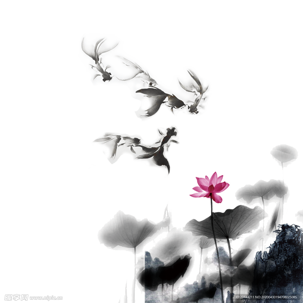 水墨画莲花池金鱼嬉戏