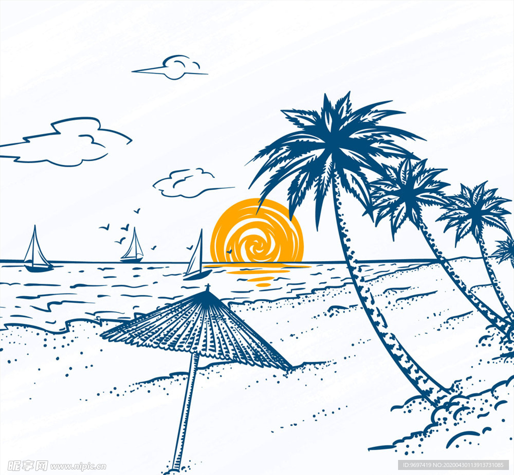 彩绘夏季海滩棕榈树风景矢量素材