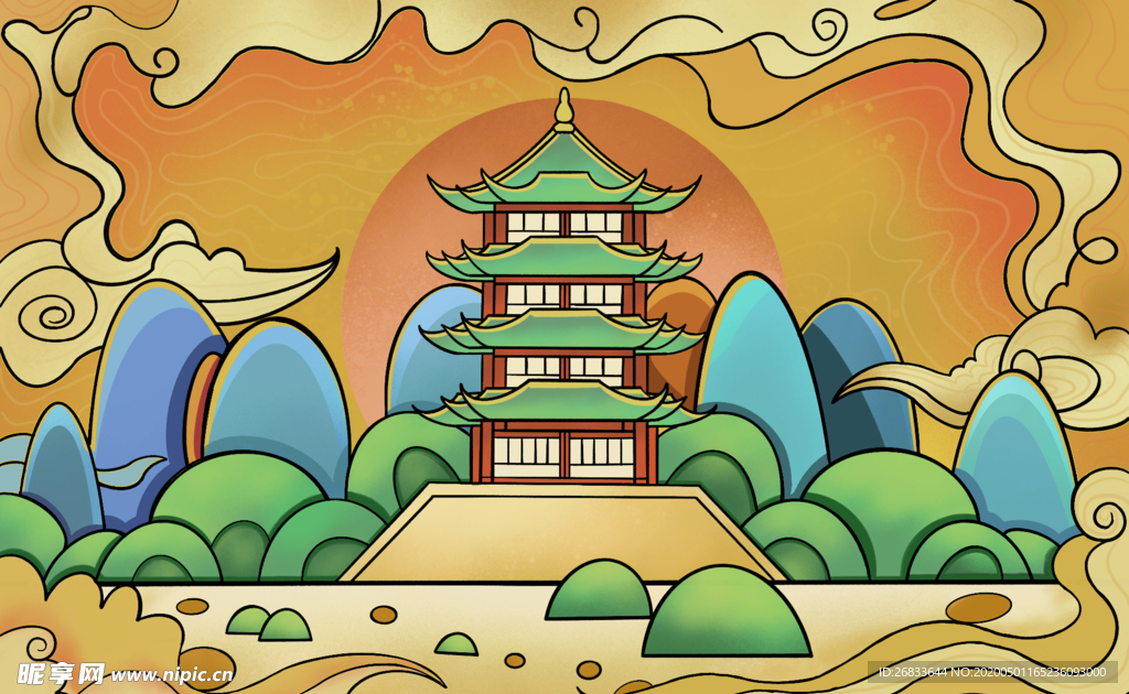 国潮建筑PSD分层插画