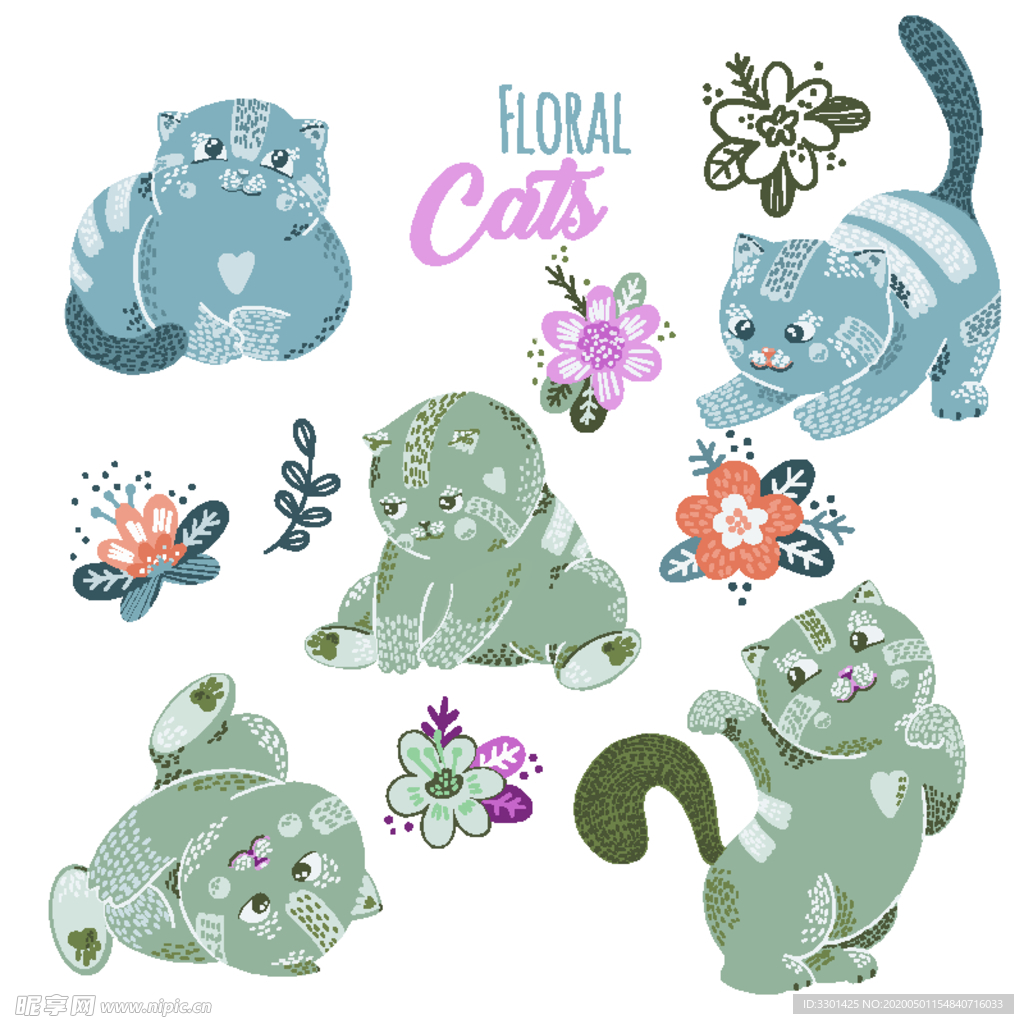 花草元素 卡通可爱猫