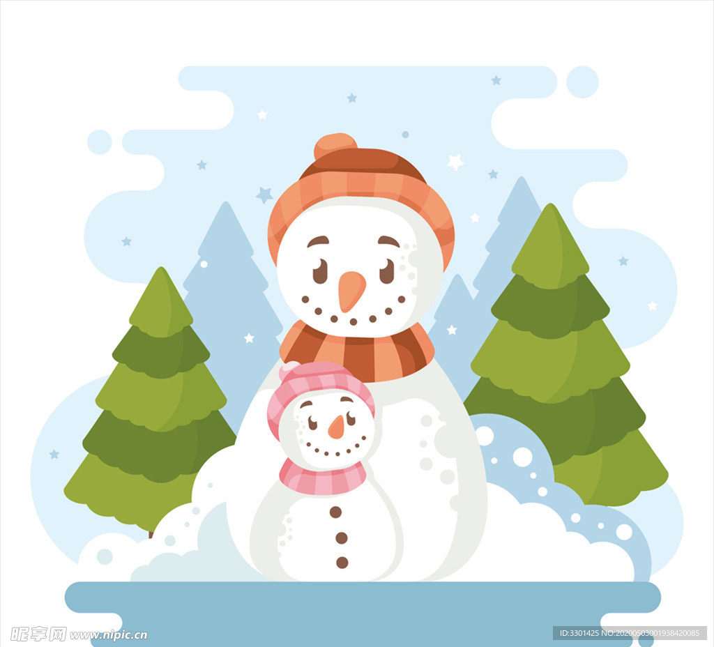 雪地中的雪人 矢量素材