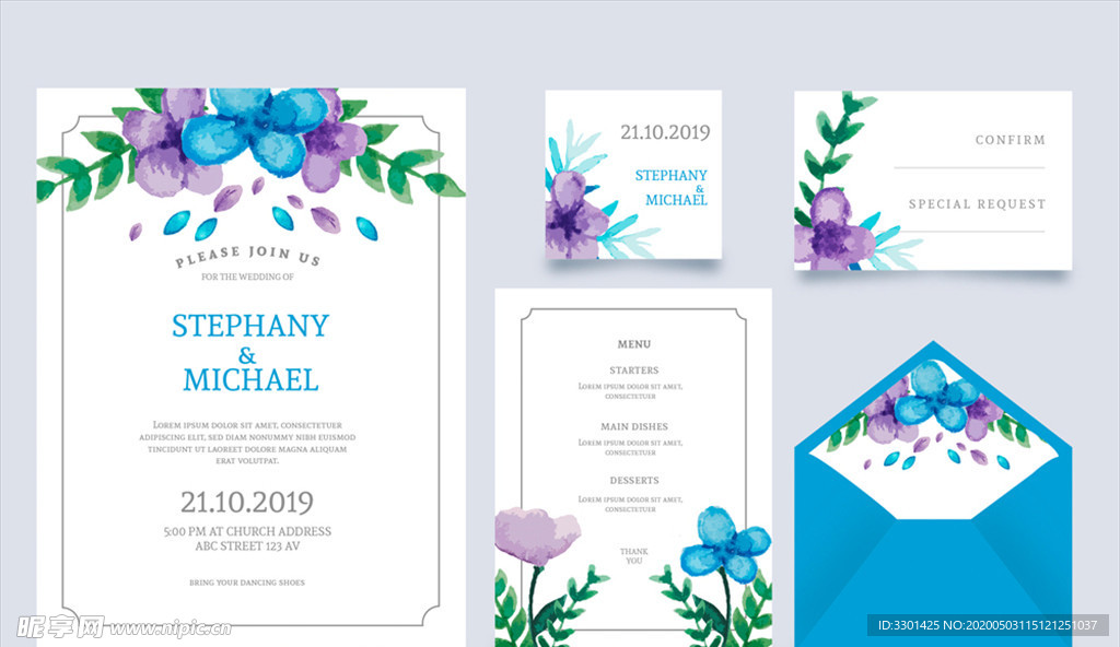 蓝色花卉 婚礼卡片