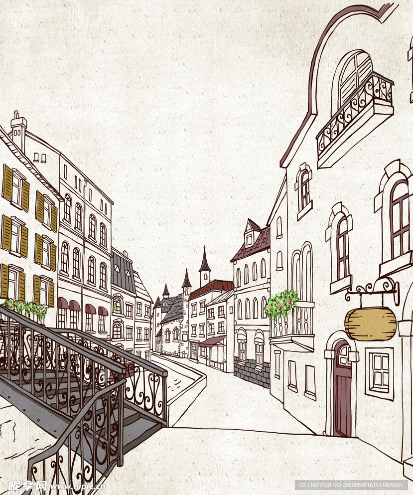 城市 线条 风景 插画 卡通