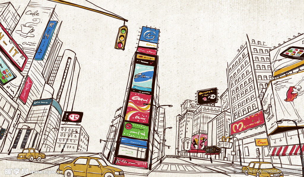 城市 线条 风景 插画 卡通