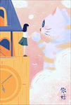 女生和猫咪卡通插画