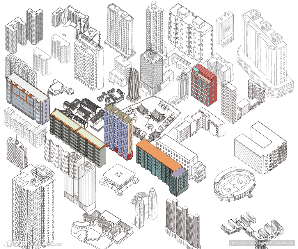 建筑楼房楼体鸟瞰多个组合线稿