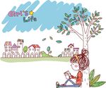 手绘建筑树木小女孩看书素材