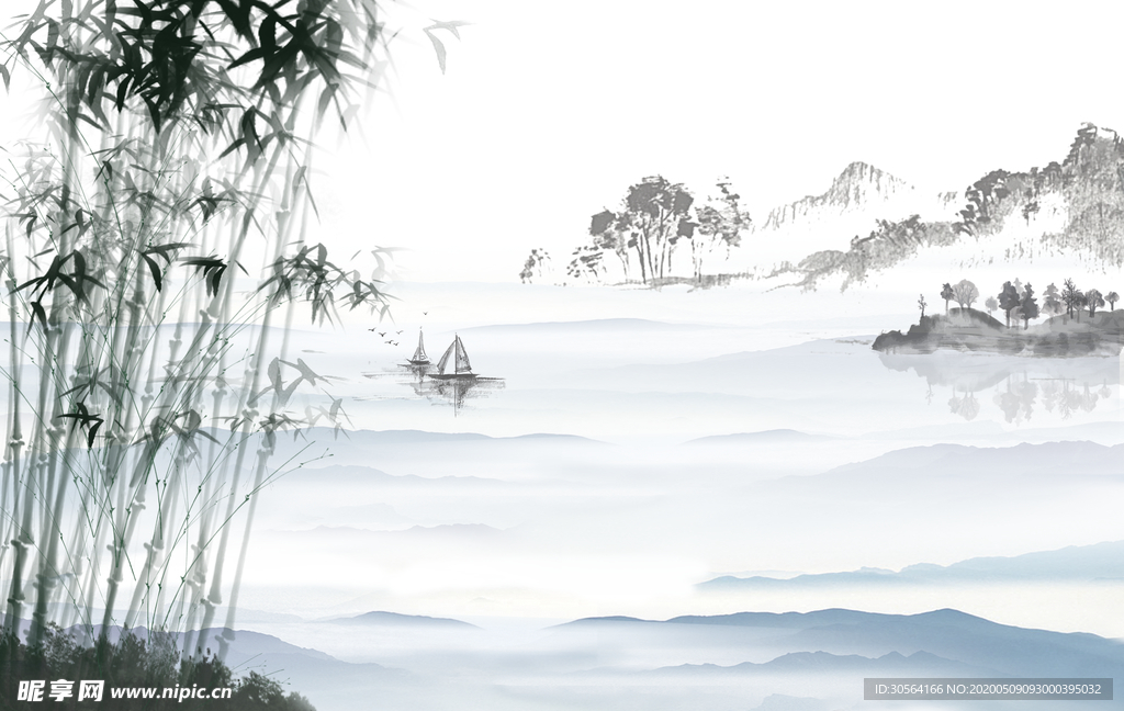 竹子山水意境小船笔墨古风背景