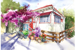 水彩街道花朵绘画
