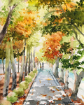 水彩街道花朵绘画
