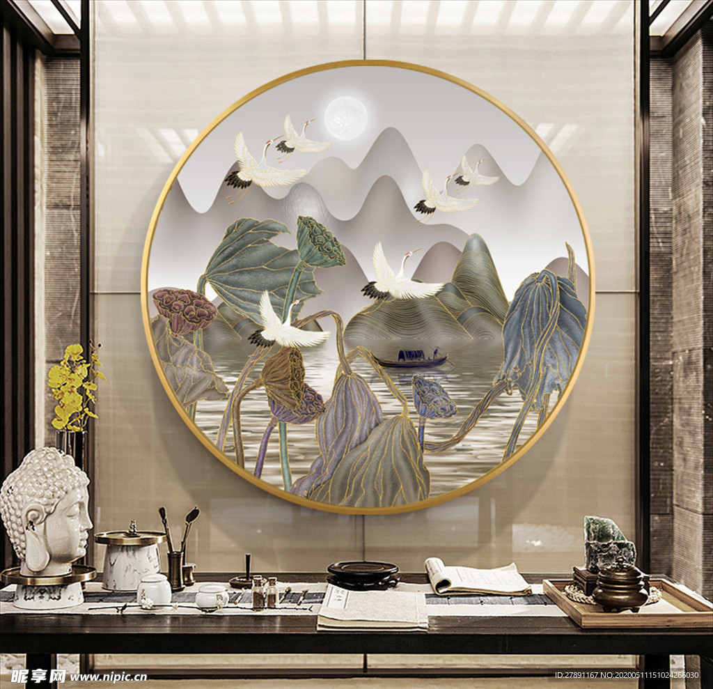国潮荷花圆形装饰画