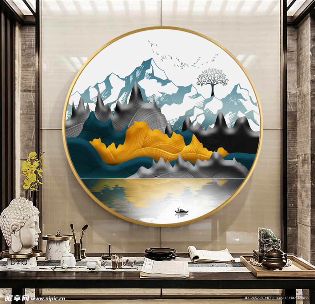 新中式抽象山水圆形装饰画