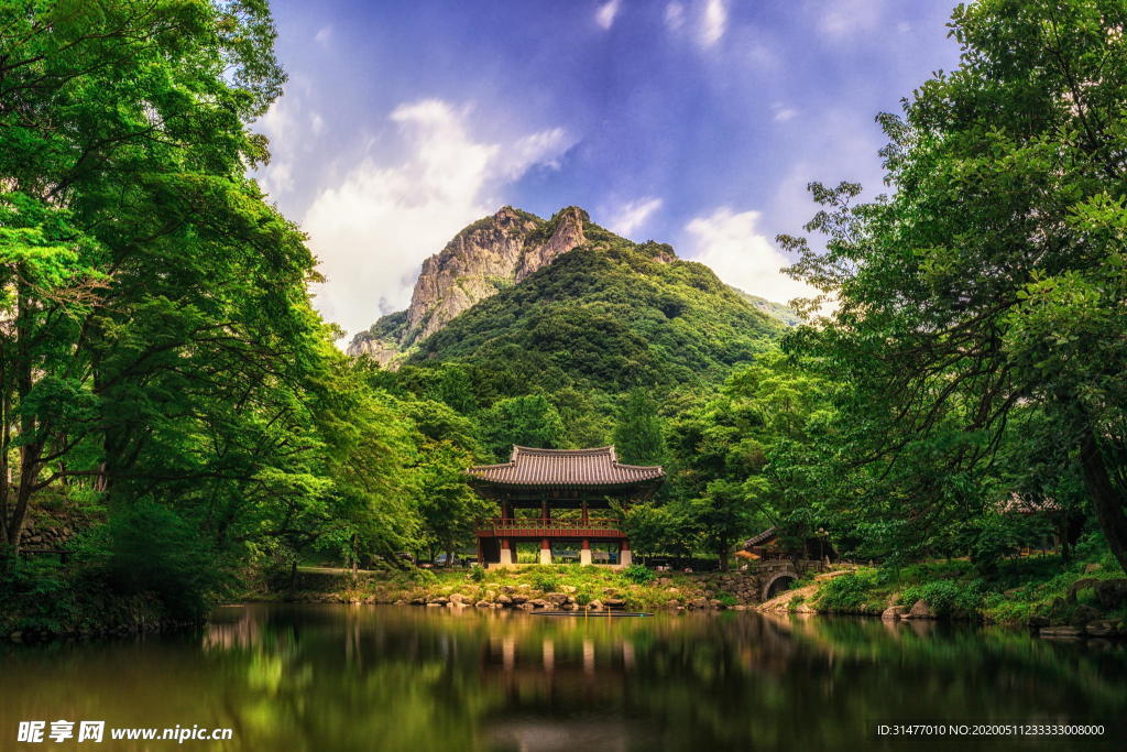 山 湖 亭子 森林风景图