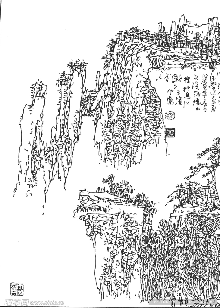 中国风线条山水白描图案