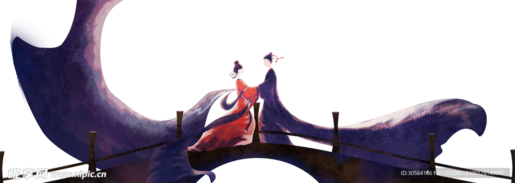 七夕情人节古风牛郎织女剪影素材