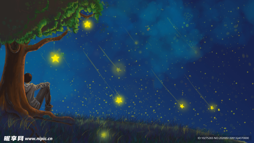 夜色星空唯美治愈系插画