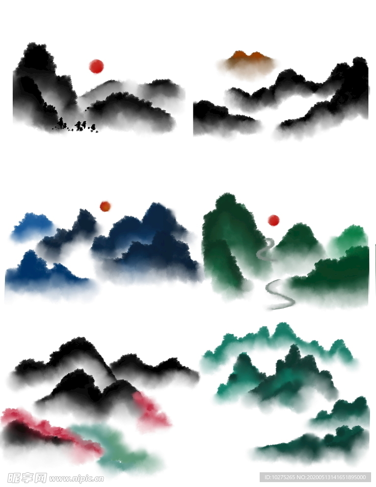 中国风山水水墨高山流水小船
