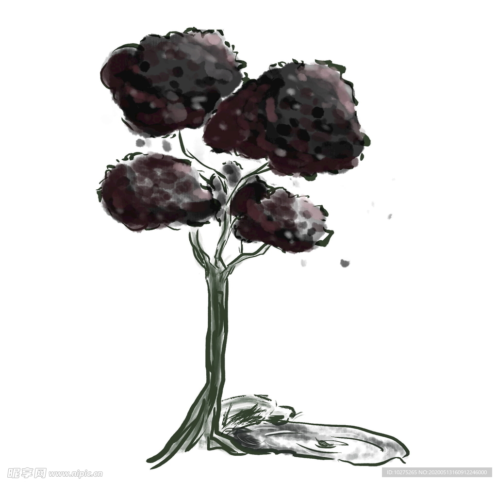中国画水墨风格树木卡通插画元素