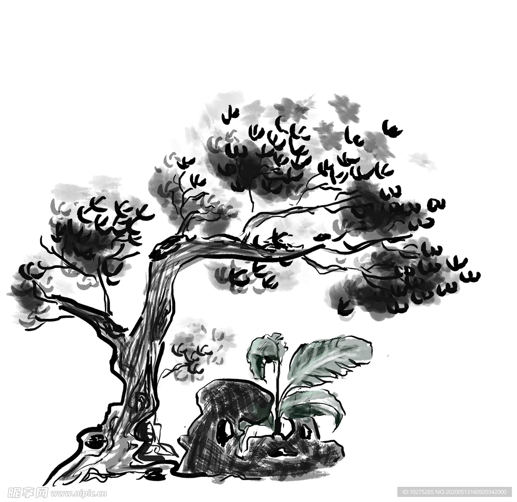 中国画水墨风格树木卡通插画元素
