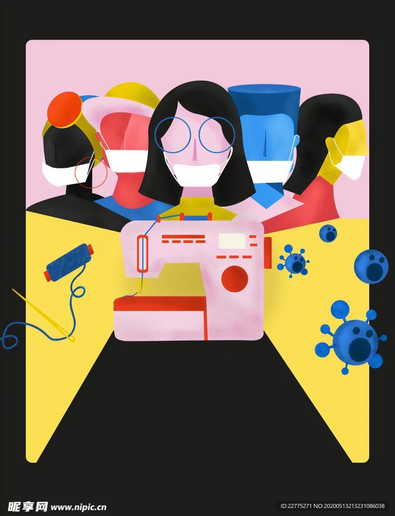 做缝纫的女孩插画