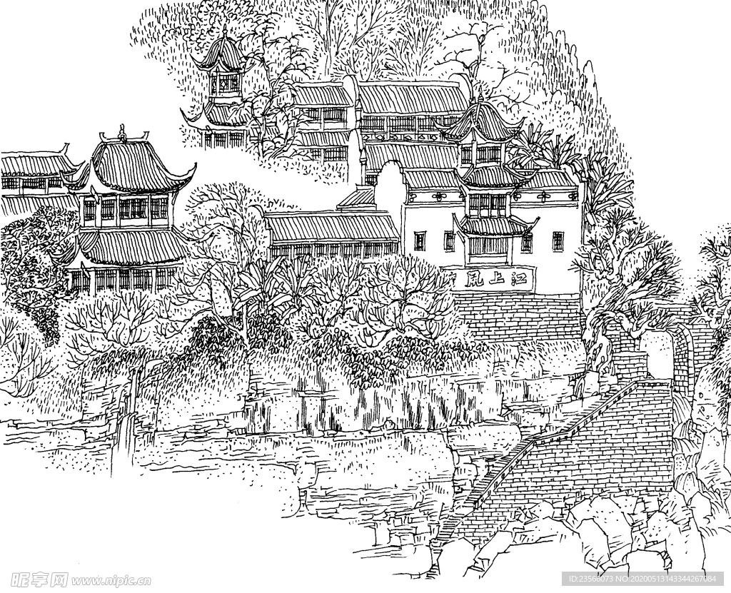 中国风线条白描国画