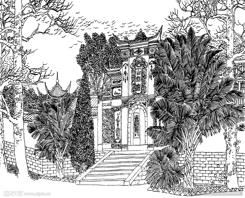 中国风线条白描国画