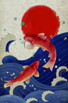 锦鲤波浪海报日式太阳插画古风