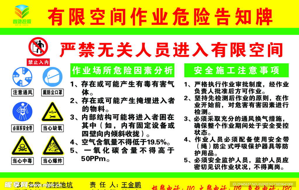 有限空间作业危险告知牌
