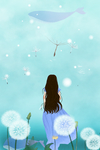 蒲公英少女鲸鱼插画卡通清新背景