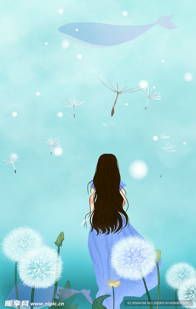 蒲公英少女鲸鱼插画卡通清新背景