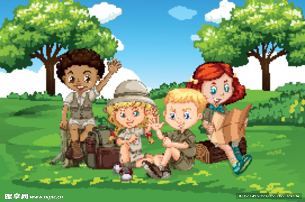 卡通野营儿童