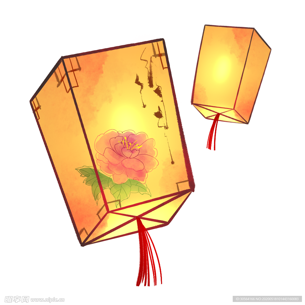 孔明灯灯笼牡丹古风卡通插画素材