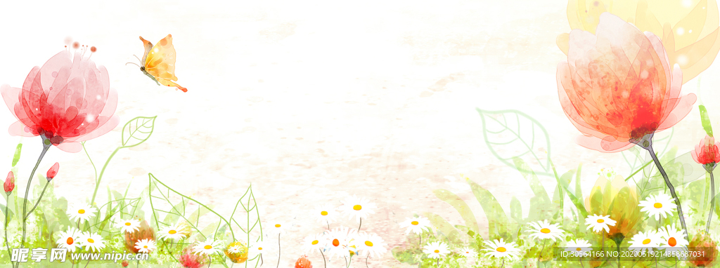 花朵蝴蝶插画卡通可爱背景素材