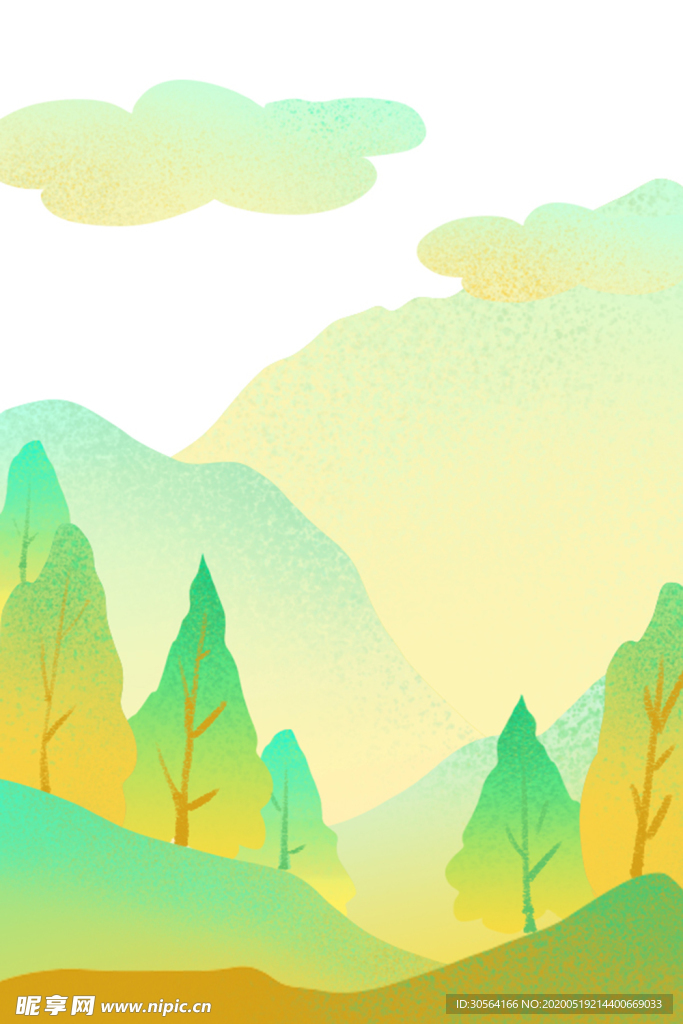 儿童节卡通插画山水树木云朵背景