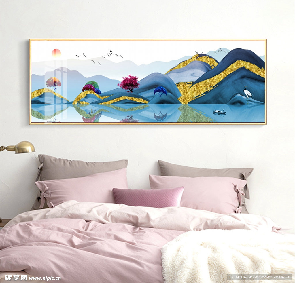 手绘金箔蓝色意境山水画