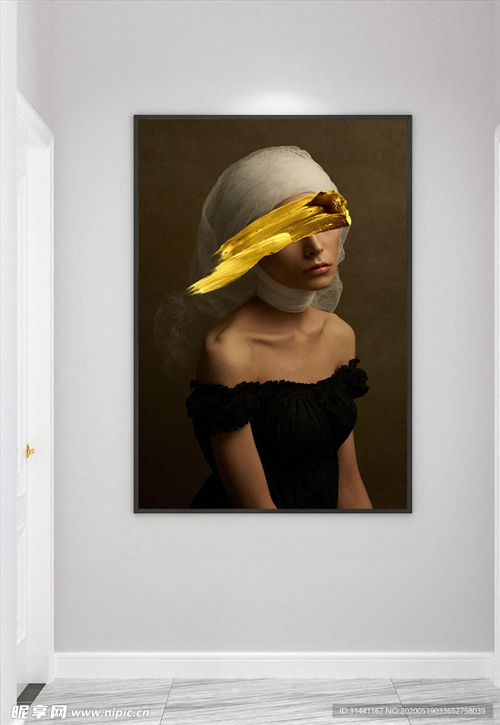 个性蒙眼美女玄关壁画